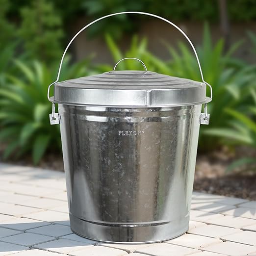 Plexon Silver 10 Gallon Trash Can with Lid Galvanized Steel Stylish Metal Trash Bin Outdoor for Kitchen, Patio, and Camping