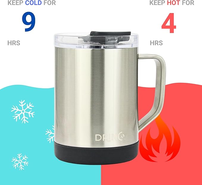 Drinco 16 oz Coffee Mug, Vacuum Insulated Camping Mug with Lid, Double Wall Stainless Steel Travel Mug Insulated Tumblers Coffee Mugs Coffee Cups Tea Cup (16oz Brushed)
