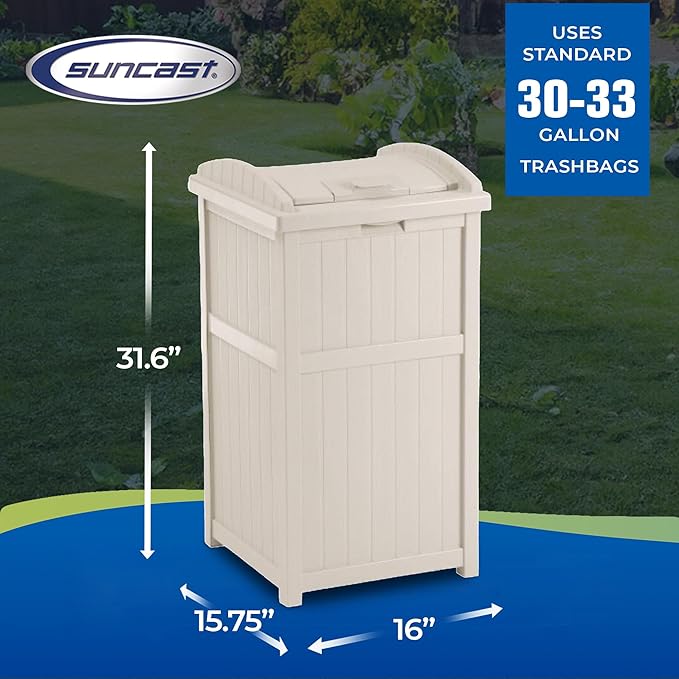 Suncast 2 Pack 15.75" x 16" x 31.6" Trash Hideaway 33 Gallon Resin Outdoor Commercial Garbage Container with Lid for Backyard, Deck, or Patio in Taupe