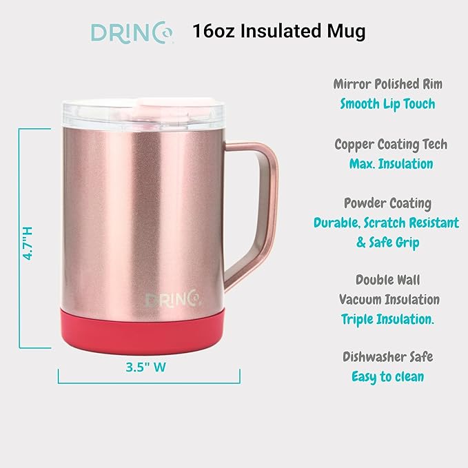 Drinco 16 oz Coffee Mug, Vacuum Insulated Camping Mug with Lid, Double Wall Stainless Steel Travel Mug Insulated Tumblers Coffee Mugs Coffee Cups Tea Cup (16oz Bling Rose Gold)