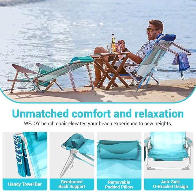 #WEJOY Folding Beach Chair for Adults, 4-Position Aluminum Lightweight Beach Chair, Low Sands Chairs with Shoulder Strap, Cup Holder and Padded Headrest, Supports 265lbs for Lawn