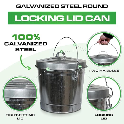Plexon Metal Trash Can with Locking Lid Outdoor Storage Bucket for Bird Seed Ash 6-Gallon Galvanized Steel 2 Pack