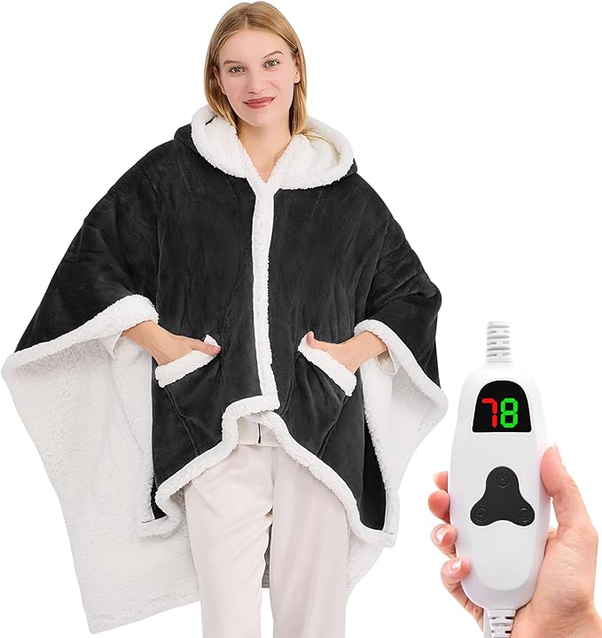 Wearable Heated Throw Blanket Electric Shawl - Heated Robe Poncho Blanket Hoodie for Adult, Winter Gifts for Mom Women Girlfriend Grandma 5-Position Timer 10-Heating Levels,Black