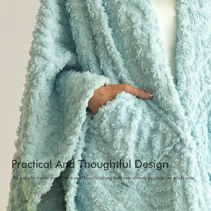 Royoliving Fuzzy Sherpa Wearable Fleece Blanket with Pockets for Adults, Ultra Soft Plush Shawl Throw Blankets (Mint, 58'' x 64'')