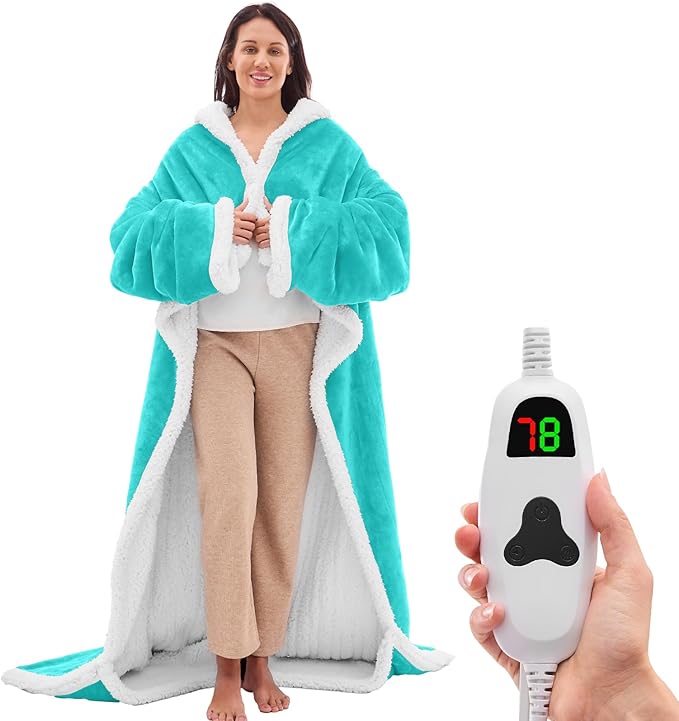 greenoak Wearable Heated Throw Blanket Electric Snuggle - Heated Robe with Foot Pocket for Adult, Winter Gifts for Mom Women 5-Position Timer 10-Heating Levels,50 * 70",Turquoise