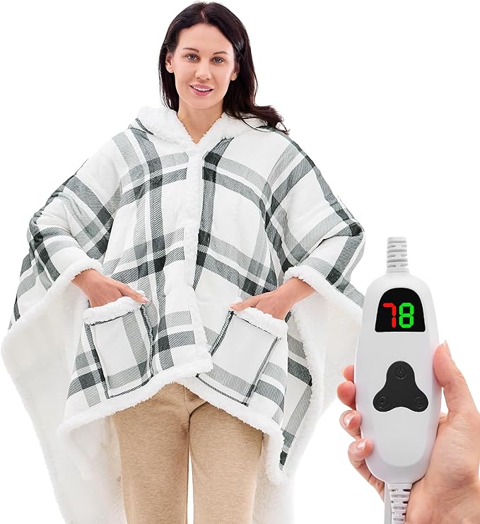 Wearable Heated Throw Blanket Electric Shawl - Heated Robe Poncho Blanket Hoodie for Adult, Winter Gifts for Mom Women Girlfriend Grandma 5-Position Timer 10-Heating Levels,Grey Plaid