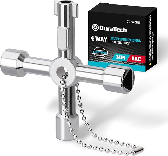 DURATECH 4 Way Utilities Key, Multi-functional Water Key, 1-Pack, for Valve, Faucet, and Spigots