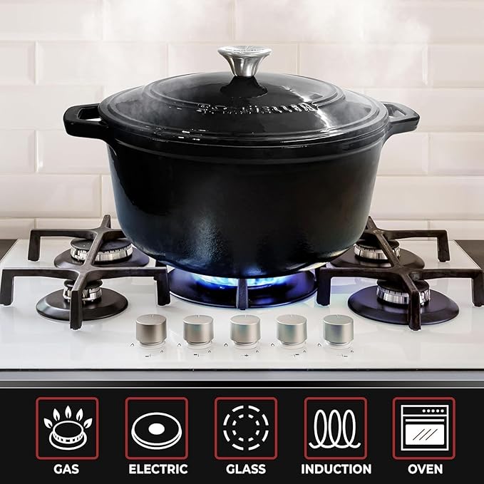 MÜELLERHOME 4.5 QT Enameled Cast Iron Dutch Oven, Heavy-Duty Casserole Dish and Braiser Pan with Lid and Stainless Knob, Oven-Safe up to 500° F & Across All Cooktops, Black
