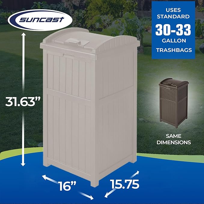 Suncast 33 Gallon Trash Hideaway Easy Assembly Durable Plastic Garbage Container with Wood Look Design, 1 Beige and Brown (2 Pack)