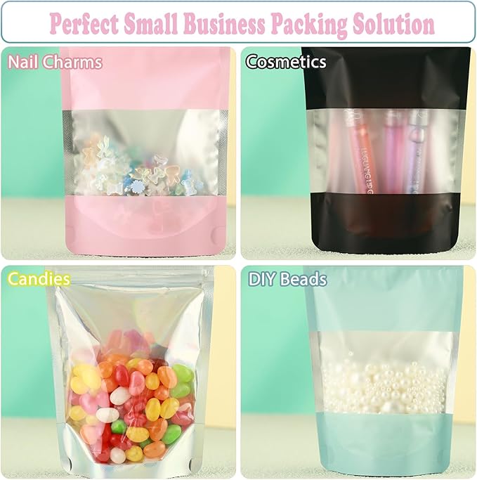 200 Pcs Mylar Bags for Food Storage 5x8 Mylar Bag with Window, Stand Up Holographic Resealable Bags for Food, Smell Proof Bag Freeze Dried Candy Sealable Pouch Jewelry Bracelet Packaging