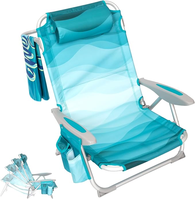 #WEJOY Folding Beach Chair for Adults, 4-Position Aluminum Lightweight Beach Chair, Low Sands Chairs with Shoulder Strap, Cup Holder and Padded Headrest, Supports 265lbs for Lawn