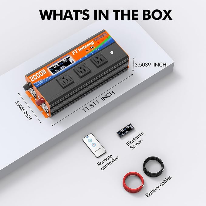 2000 Watt Inverter, Inverter 12v to 110v, LCD Display, 3 Ac Outlets, USB-C & Qc3.0 Ports, Dual Smart Fans, Remote. Power Inverters for Vehicles for Camping, Emergencies, Trucks, Rv, Off-Grid Solar