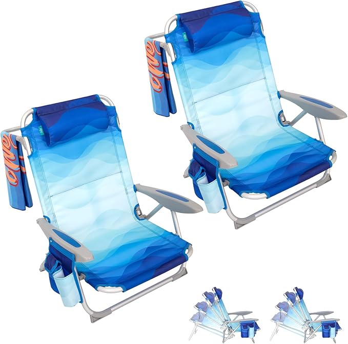 #WEJOY Folding Beach Chair for Adults, 4-Position Aluminum Lightweight Beach Chair, Low Sands Chairs with Shoulder Strap, Cup Holder and Padded Headrest, Supports 265lbs for Lawn