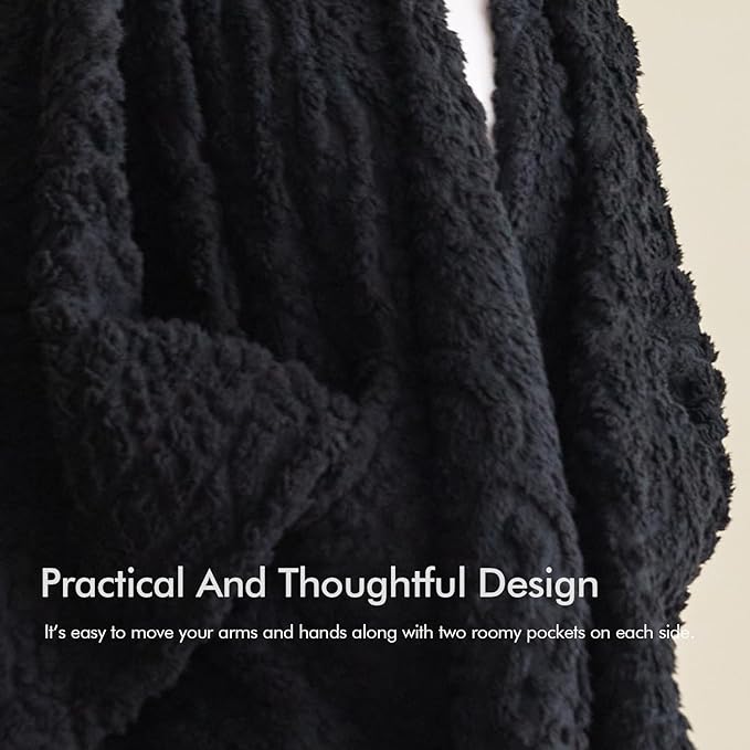 Royoliving Fuzzy Sherpa Wearable Fleece Blanket with Pockets for Adults, Ultra Soft Plush Shawl Throw Blankets (Black, 58'' x 64'')