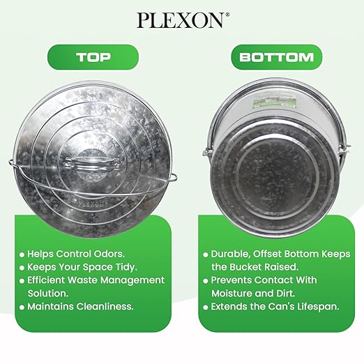 Plexon Metal Trash Can with Locking Lid Outdoor Storage Bucket for Bird Seed Ash 6-Gallon Galvanized Steel 2 Pack