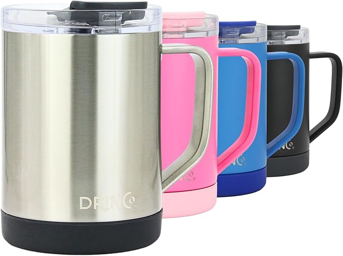 Drinco 16 oz Coffee Mug, Vacuum Insulated Camping Mug with Lid, Double Wall Stainless Steel Travel Mug Insulated Tumblers Coffee Mugs Coffee Cups Tea Cup (16oz Brushed)