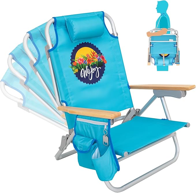 #WEJOY Folding Beach Chair for Adults, 4-Position Aluminum Lightweight Beach Chair, Low Sands Chairs with Shoulder Strap, Cup Holder and Padded Headrest, Supports 265lbs for Lawn