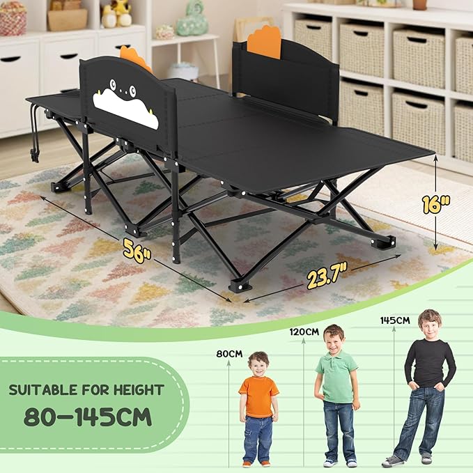 Slendor Toddle Cot, Toddler Portable Bed w/Cartoon Handrail, Blanket (5ft x 4ft), Folding Toddler Cots for Camping, Travel Bed, Extra Long Cot Length 56", Support 330 Lbs, Black