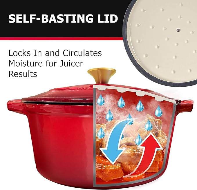 MÜELLERHOME 7.5 QT Enameled Cast Iron Dutch Oven, Heavy-Duty Casserole Dish and Braiser Pan with Lid and Stainless Knob, Oven-Safe up to 500° F & Across All Cooktops, Red