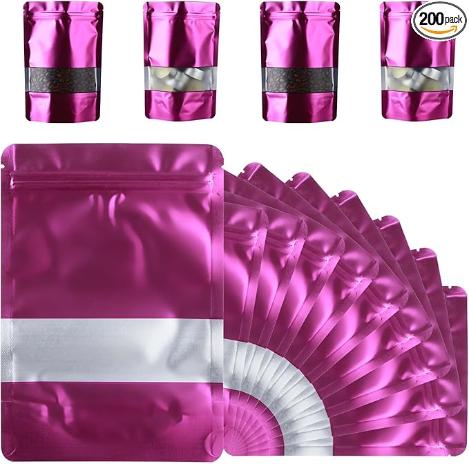 200 Pcs Mylar Bags for Food Storage 5x8 Mylar Bag with Window, Foil Stand Up Resealable Bags for Food, Smell Proof Bag Freeze Dried Candy Packaging Sealable Pouch Jewelry Bracelet Pouch