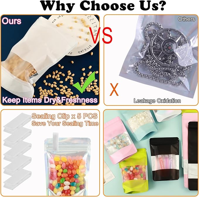 200 Pcs Mylar Bags for Food Storage 7x10 Mylar Bag with Window, Stand Up Holographic Resealable Bags for Food, Smell Proof Bag Freeze Dried Candy Sealable Pouch Jewelry Bracelet Packaging