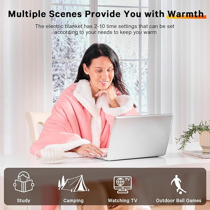 Wearable Heated Throw Blanket Electric Snuggle - Heated Robe with Foot Pocket for Adult, Winter Gifts for Mom Women 5-Position Timer 10-Heating Levels,50 * 70",Pale pink