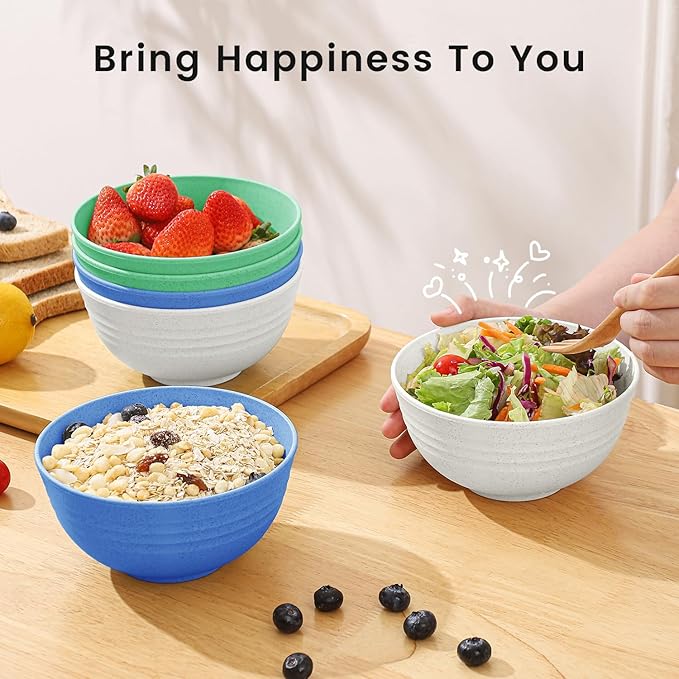 PYRMONT Wheat Straw Cereal Bowls Set, 6 Unbreakable 26 OZ Reusable Plastic Bowls for Kitchen, Dishwasher & Microwave Safe, Serving Soup, Salad, Oatmeal, Ramen, Noodles, Camping