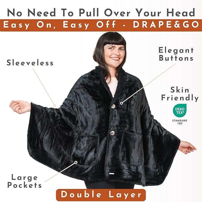 Premium Double Layer Wearable Blanket for Women -Drape and Go No Sleeves- Shawl with Pockets- Wrap Blanket- Gifts for Her Mom Grandma (Velvet Anthracite Black)