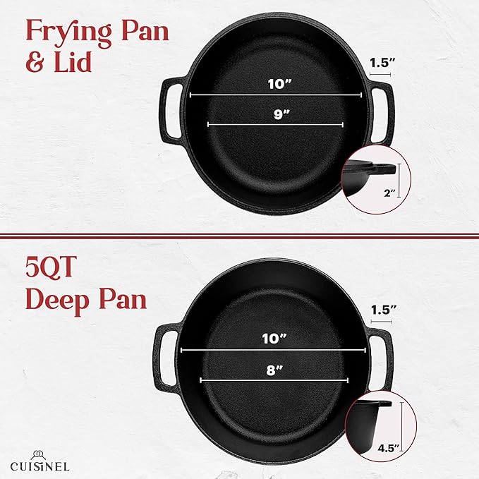 Cast Iron Double Dutch Oven - Pre-Seasoned 5-Quart Set – 2-in-1 Multi-Cooker: 5-Qt Deep Pot + 10" Skillet - Frying Pan Converts to Lid of Combo Dutch Oven – Grill, Stove Top, BBQ and Induction Use