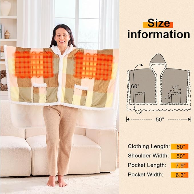 Wearable Heated Throw Blanket Electric Shawl - Heated Robe Poncho Blanket Hoodie for Adult, Winter Gifts for Mom Women Girlfriend Grandma 5-Position Timer 10-Heating Levels,Pink Plaid