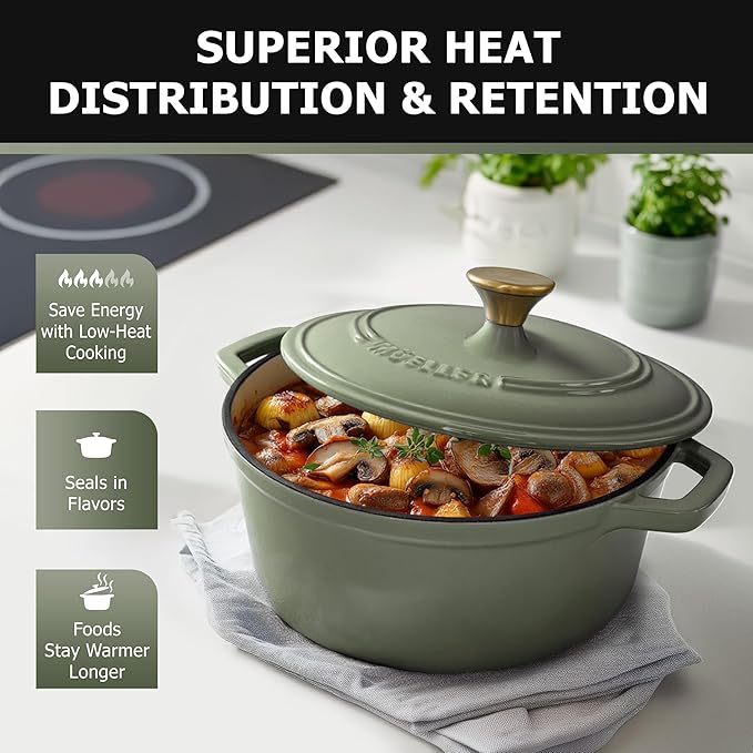 MÜELLERHOME 6 Quart Enameled Cast Iron Dutch Oven For Sourdough Bread Baking, Heavy-Duty, Oven-Safe up to 500° F & Across All Cooktops, Casserole Dishes, Green Kitchen Accessories, Thyme Green