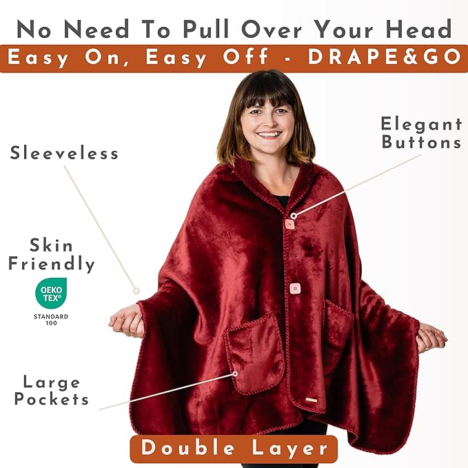 Premium Double Layer Wearable Blanket for Women -Easy On Easy Off No Sleeves- Drape and Go - Gifts for Women Who Have Everything - Gifts for Her Grandma and Mom (Burgundy)