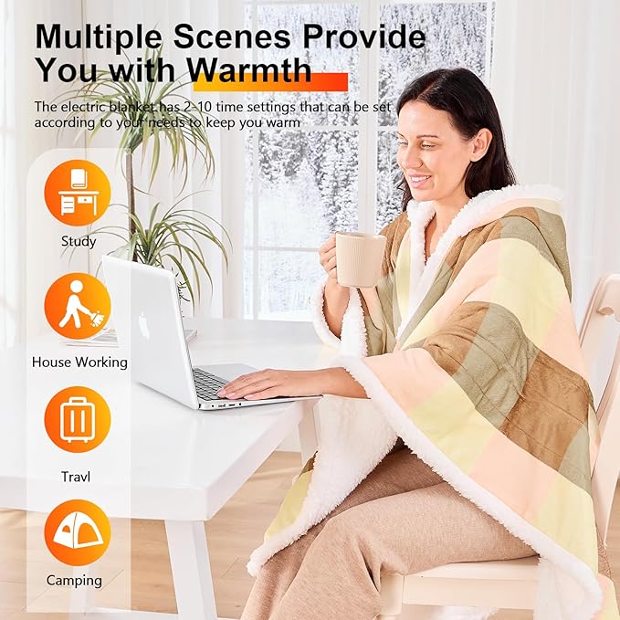 Wearable Heated Throw Blanket Electric Shawl - Heated Robe Poncho Blanket Hoodie for Adult, Winter Gifts for Mom Women Girlfriend Grandma 5-Position Timer 10-Heating Levels,Pink Plaid