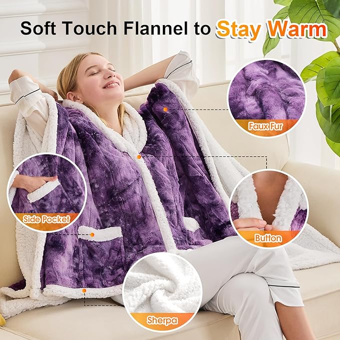 Wearable Heated Throw Blanket Electric Shawl - Heated Robe Poncho Blanket Hoodie for Adult, Winter Gifts for Mom Women Girlfriend Grandma 5-Position Timer 10-Heating Levels.Tie Purple