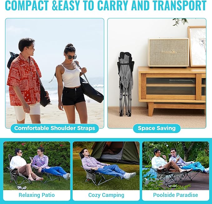 #WEJOY 2-in-1 Reclining Camping Chair with Footrest for Adults Folding Lounge Chair with Adjustable Backrest Lightweight Camping Chairs Heavy Duty Camp Chairs for Outdoor
