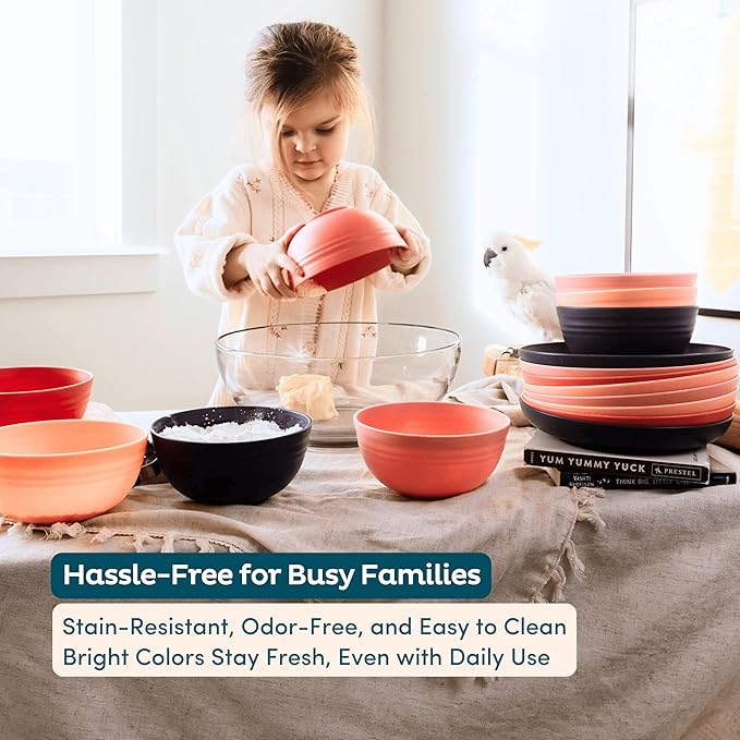 Nook Theory Reusable Wheat Straw Bowls 8 Pcs - 26 Oz Cereal Bowl, Non-Toxic Kids and Toddler Bowl, Microwavable, Dishwasher Safe and Unbreakable Dinnerware (Mellow)