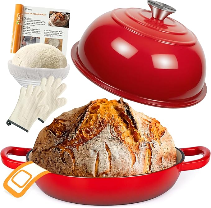 AHJ 6QT Dutch Oven For Bread Baking, Enameled Cast Iron Dutch Oven Pot with Lid, Multi-Functional Bread pan, Sourdough Baking Supplies with Proofing Basket, Cast Iron Bread Oven, Silicone Sling & Gloves.