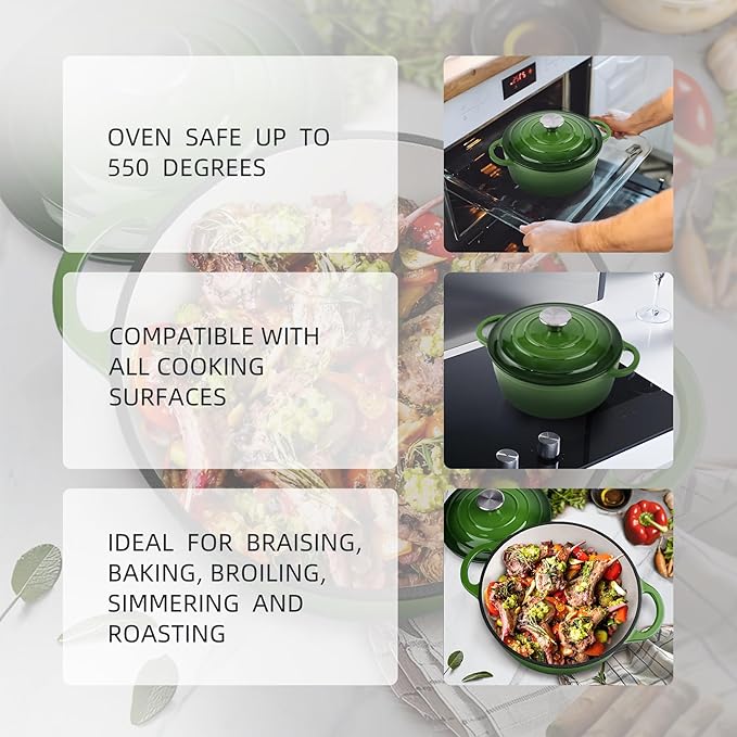 4.5 Quart Dutch Oven Enameled Cast Iron with Lid - Big Dual Handles - Oven Safe up to 500°F - Classic Round Pot for Versatile Cooking Green