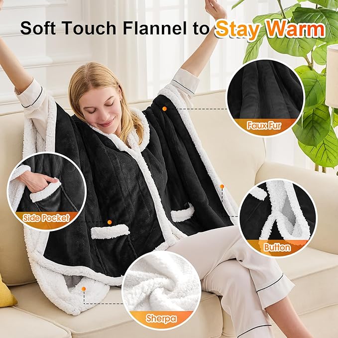 Wearable Heated Throw Blanket Electric Shawl - Heated Robe Poncho Blanket Hoodie for Adult, Winter Gifts for Mom Women Girlfriend Grandma 5-Position Timer 10-Heating Levels,Black