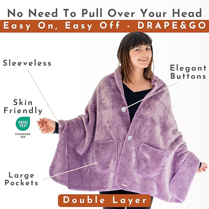 Premium Double Layer Wearable Blanket for Women - Drape and Go No Sleeves- Shawl Wrap with Pockets - Grandma Mom Gifts for Her (Velvet Lavender)