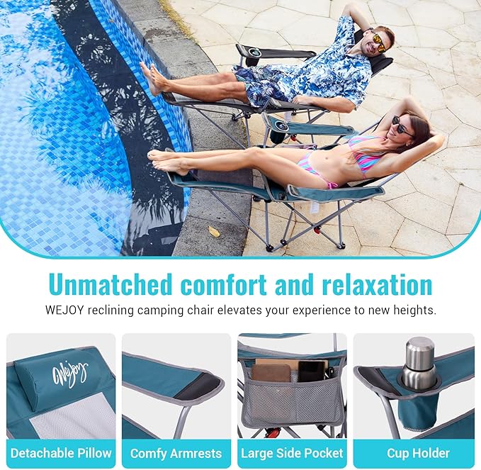 #WEJOY 2-in-1 Reclining Camping Chair with Footrest for Adults Folding Lounge Chair with Adjustable Backrest Lightweight Camping Chairs Heavy Duty Camp Chairs for Outdoor