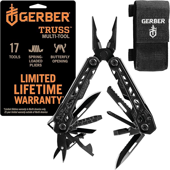 Gerber Gear Truss 17-in-1 Multitool with Pocket Knife and Needle Nose Pliers - Gifts for Men, Compact EDC Gear, Black with Standard Sheath