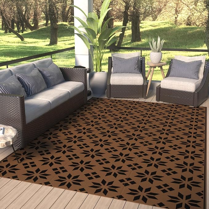 Reversible Rugs Plastic Rug Outdoor Rug Lightweight Outside Mats Modern Outdoor Rug for Patio Portable Mats for RV Backyard Deck Picnic Beach (6x9, Yellow Flower)