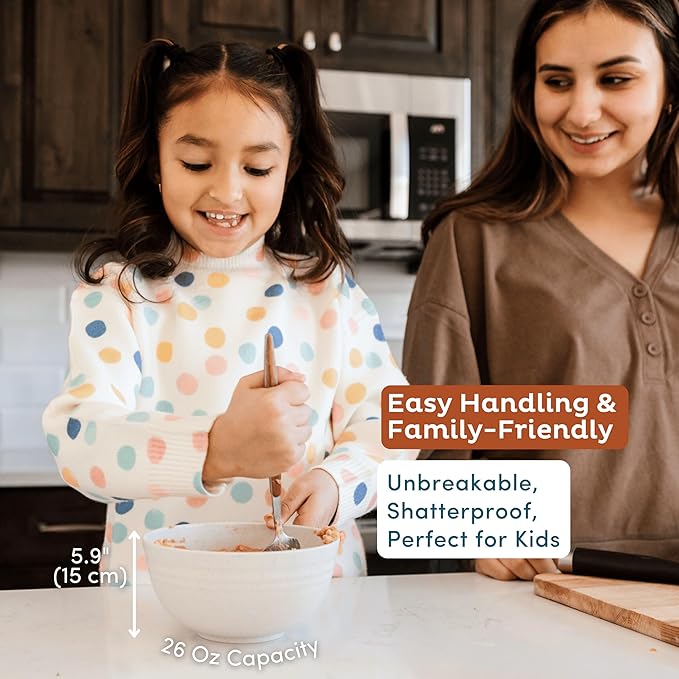 Nook Theory Reusable Wheat Straw Bowls 8 Pcs - 26 Oz Cereal Bowl, Non-Toxic Kids and Toddler Bowl, Microwavable, Dishwasher Safe and Unbreakable Dinnerware (Mellow)