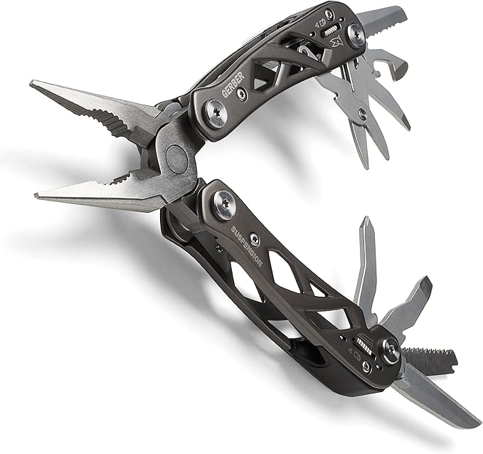 Gerber Gear Suspension 12-in-1 EDC Multi-Plier Multitool with Pocket Knife, Needle Nose Pliers, Wire Cutters and More, Gifts for Men, Camping and Survival, Grey
