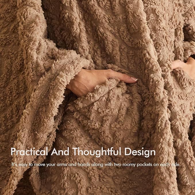 Royoliving Fuzzy Sherpa Wearable Fleece Blanket with Pockets for Adults, Ultra Soft Plush Shawl Throw Blankets (Brown, 58''x 64'')