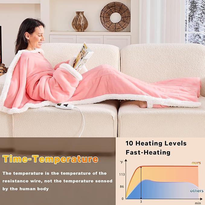Wearable Heated Throw Blanket Electric Snuggle - Heated Robe with Foot Pocket for Adult, Winter Gifts for Mom Women 5-Position Timer 10-Heating Levels,50 * 70",Pale pink