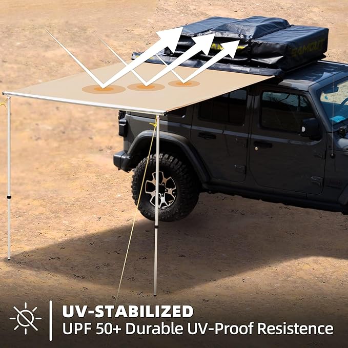 Vehicle Awning, 6.6ft x 8.2ft, Rooftop Pullout Ripstop UPF50+ Side Awning, Reinforced Hinges & Poles for Jeep/SUV/Truck/Van