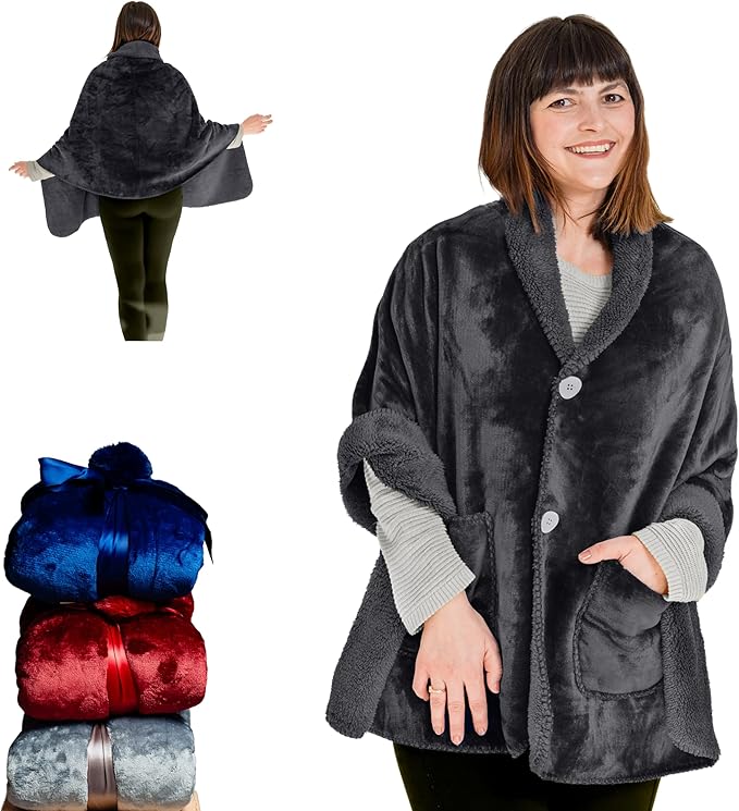Premium Double Layer Wearable Blanket for Women -Drape and Go No Sleeves- Shawl with Pockets- Wrap Blanket- Gifts for Her Mom Grandma (Velvet Anthracite Black)