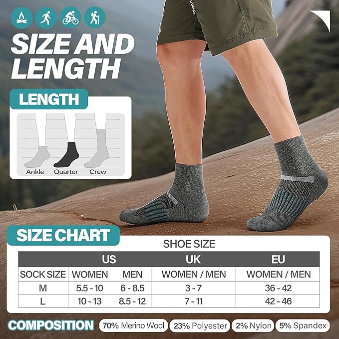 6 Pairs Merino Wool Ankle Running Hiking Socks Compression Support Breathable Thick Cushion No Show Socks for Women Men